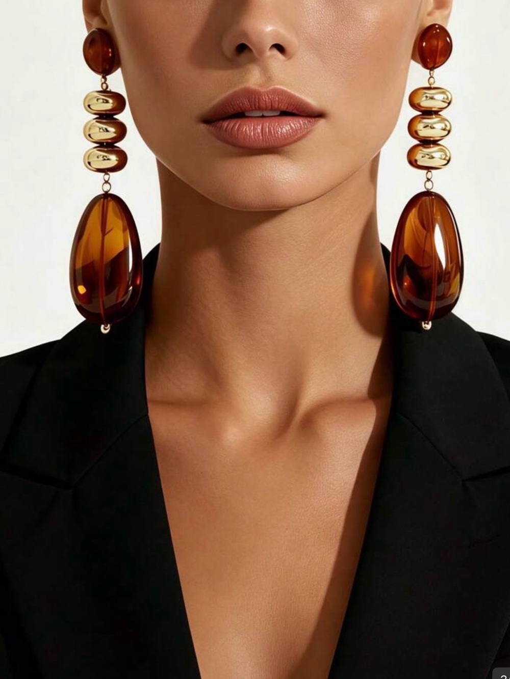 Vintage Boho Tortoiseshell Amber & Gold Long Dangle Earrings - Picture 4 of 6